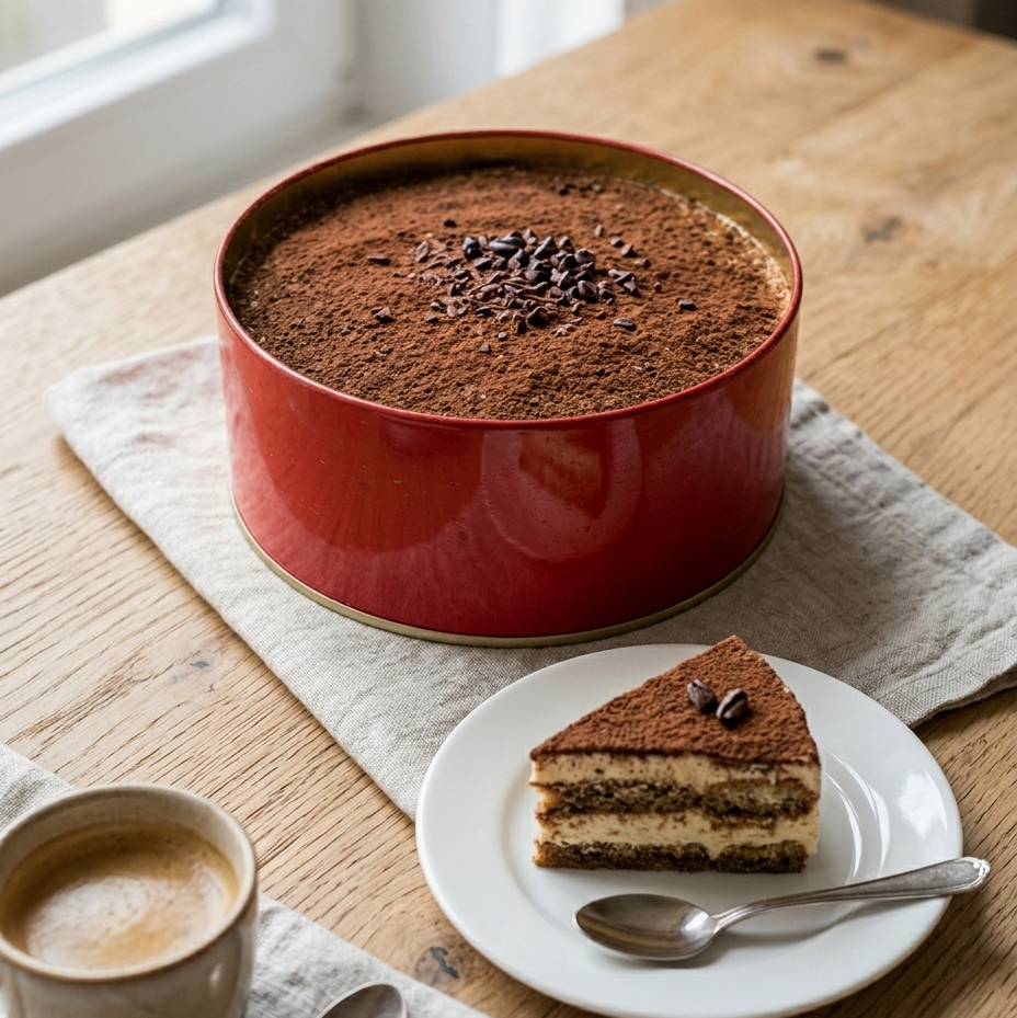 Red cake pan with a slice of layered dessert on a white plate, accompanied by a cup of coffee on a wooden table.