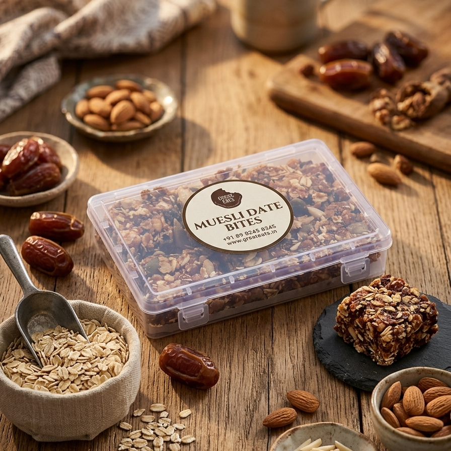Container of Muesli Date Bites on a wooden table with ingredients and a cup of coffee.