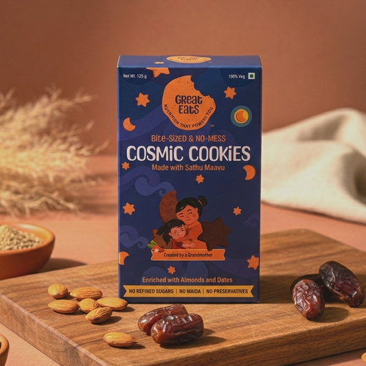 Box of Great Eats Cosmic Cookies on a wooden board with dates and almonds.