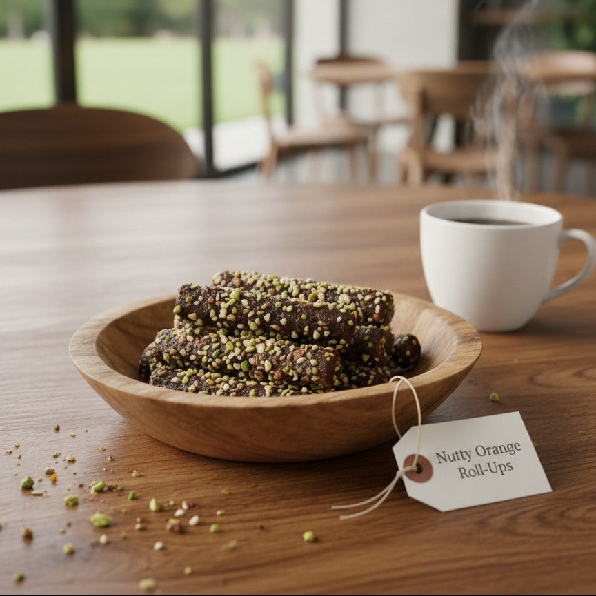 Bowl of Nutty Orange Roll-Ups on a wooden table with a cup of coffee and a tag.
