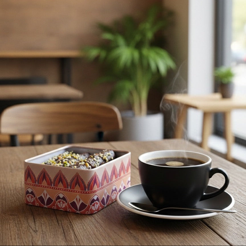 Coffee cup with steam on a saucer next to a small container of snacks on a wooden table in a cafe.